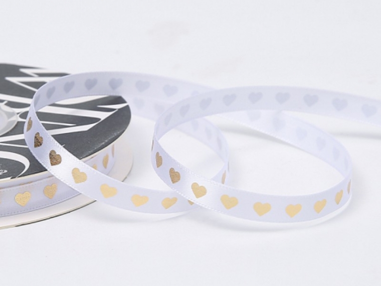 Лента  "Золотые сердца", белый, 10мм х40ярд.