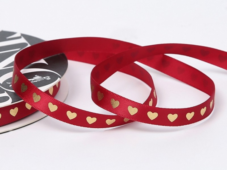 Лента  "Золотые сердца", винный, 10мм х40ярд.