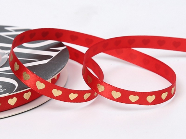 Лента  "Золотые сердца", красный, 10мм х40ярд.