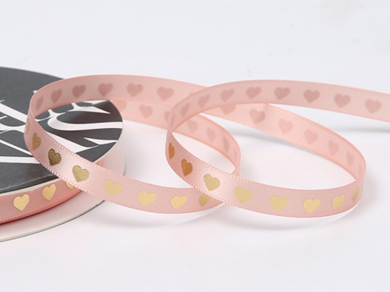 Лента  "Золотые сердца", светло-розовый, 10мм х40ярд.